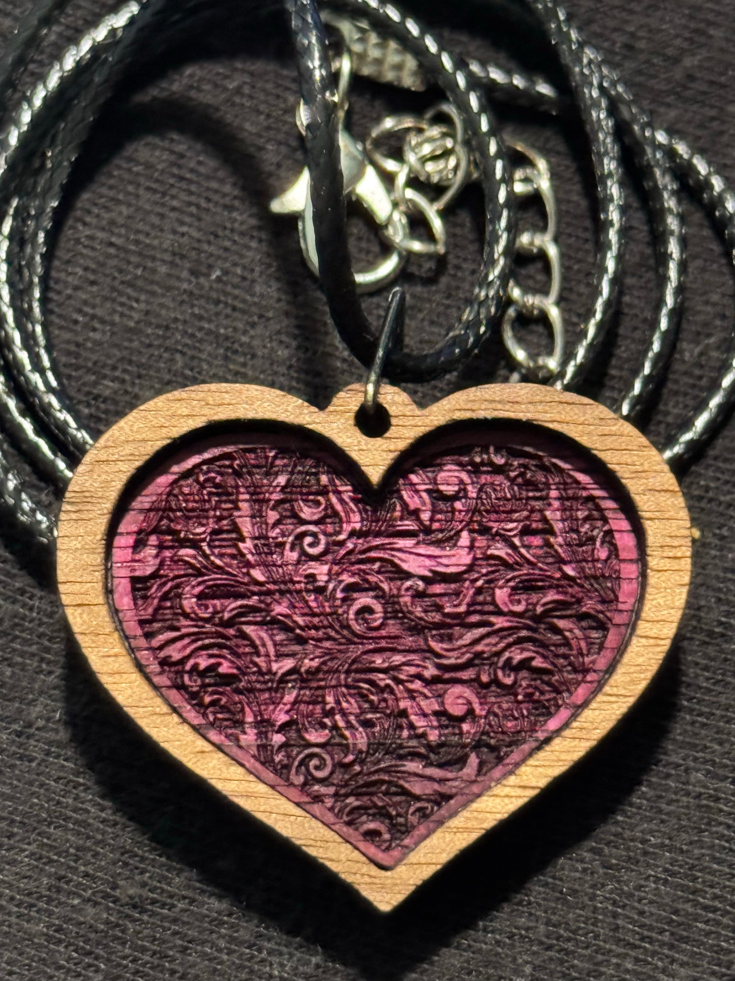 Unique Walnut and Purpleheart Pendant with Filigree background on 20-inch Cord