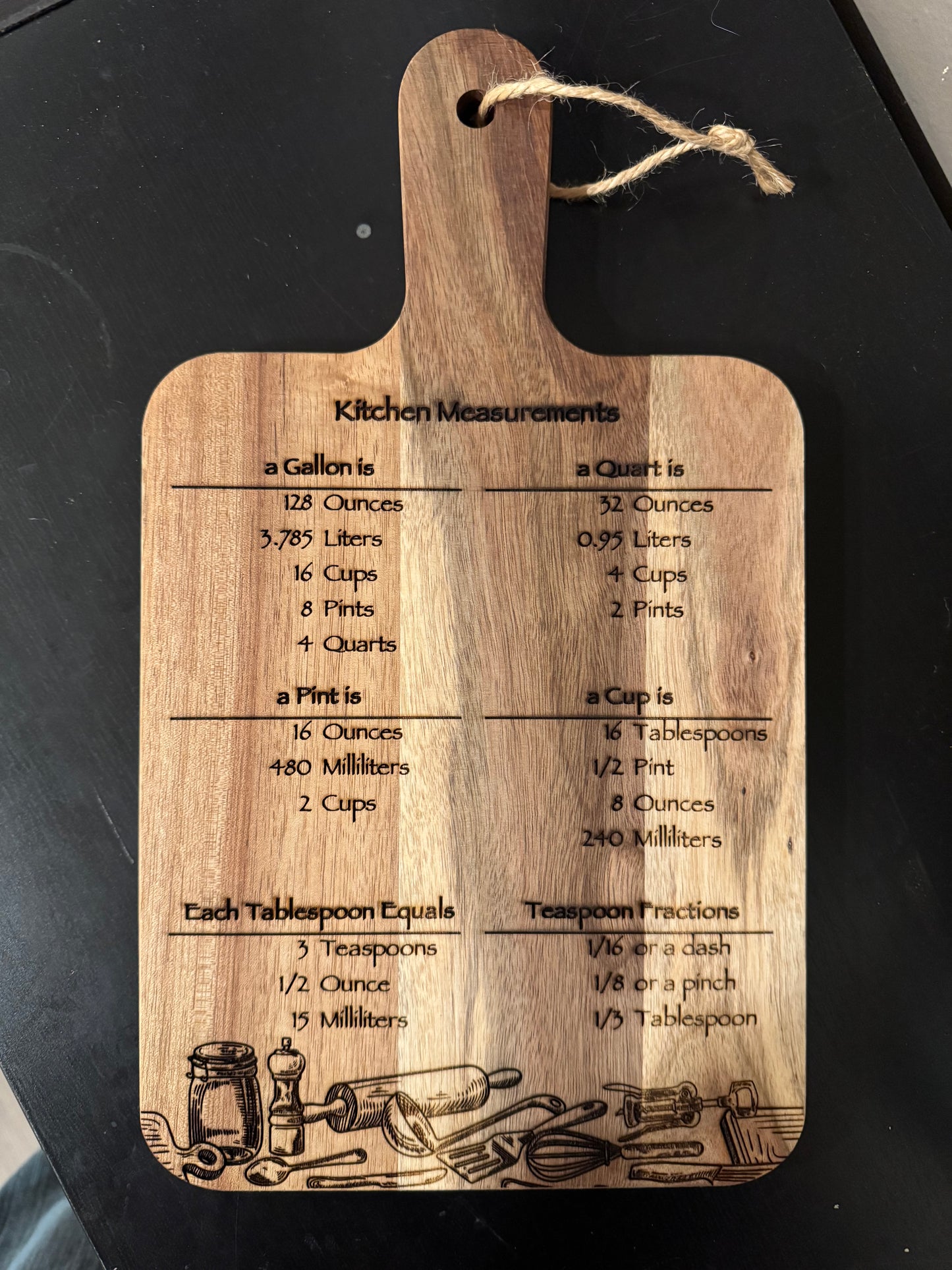 kitchen Conversion Chart On An Acacia Wood Cutting Board