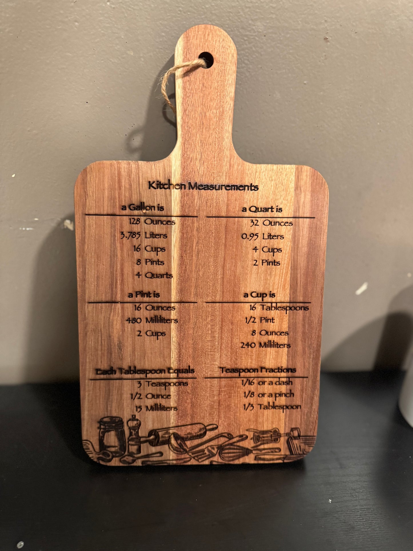 kitchen Conversion Chart On An Acacia Wood Cutting Board