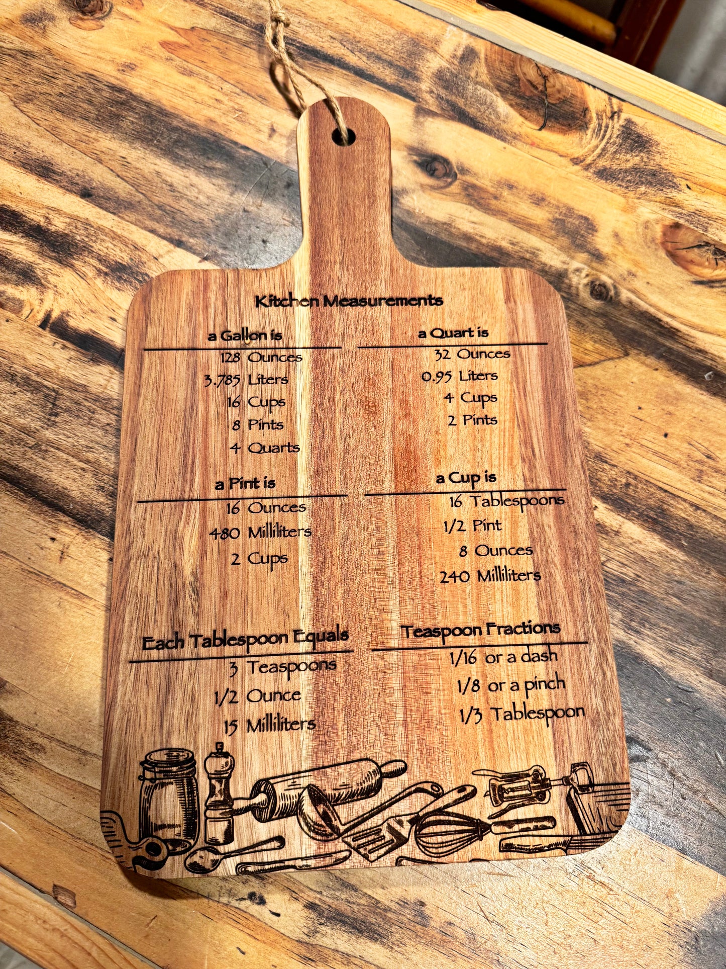 kitchen Conversion Chart On An Acacia Wood Cutting Board