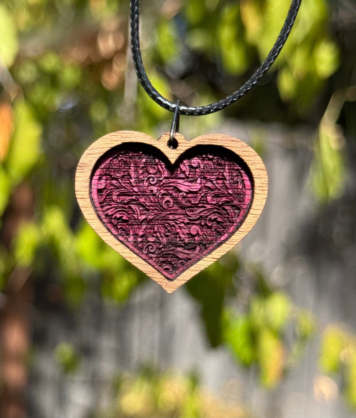 Unique Walnut and  Purpleheart Pendant with Filigree background on 20-inch  Cord